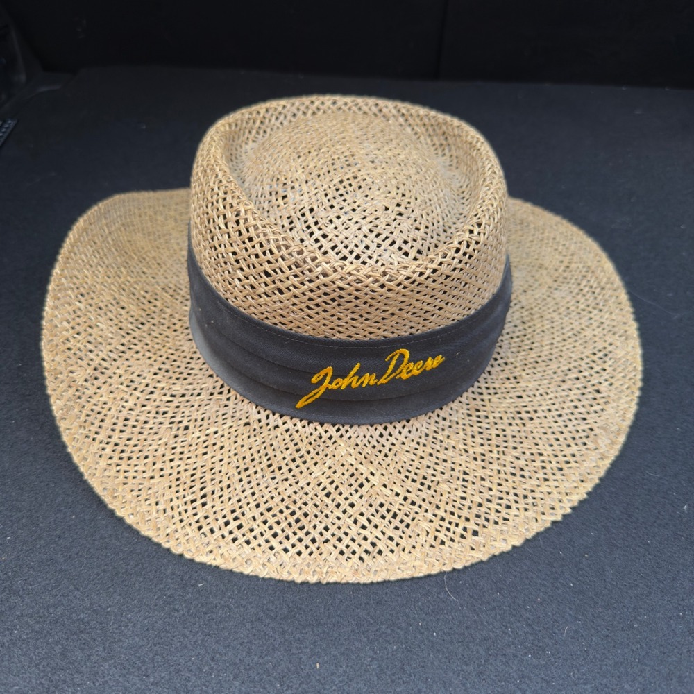 John Deere Straw Sun Hat Made in USA Embroidered Logo Tan Size OSFM